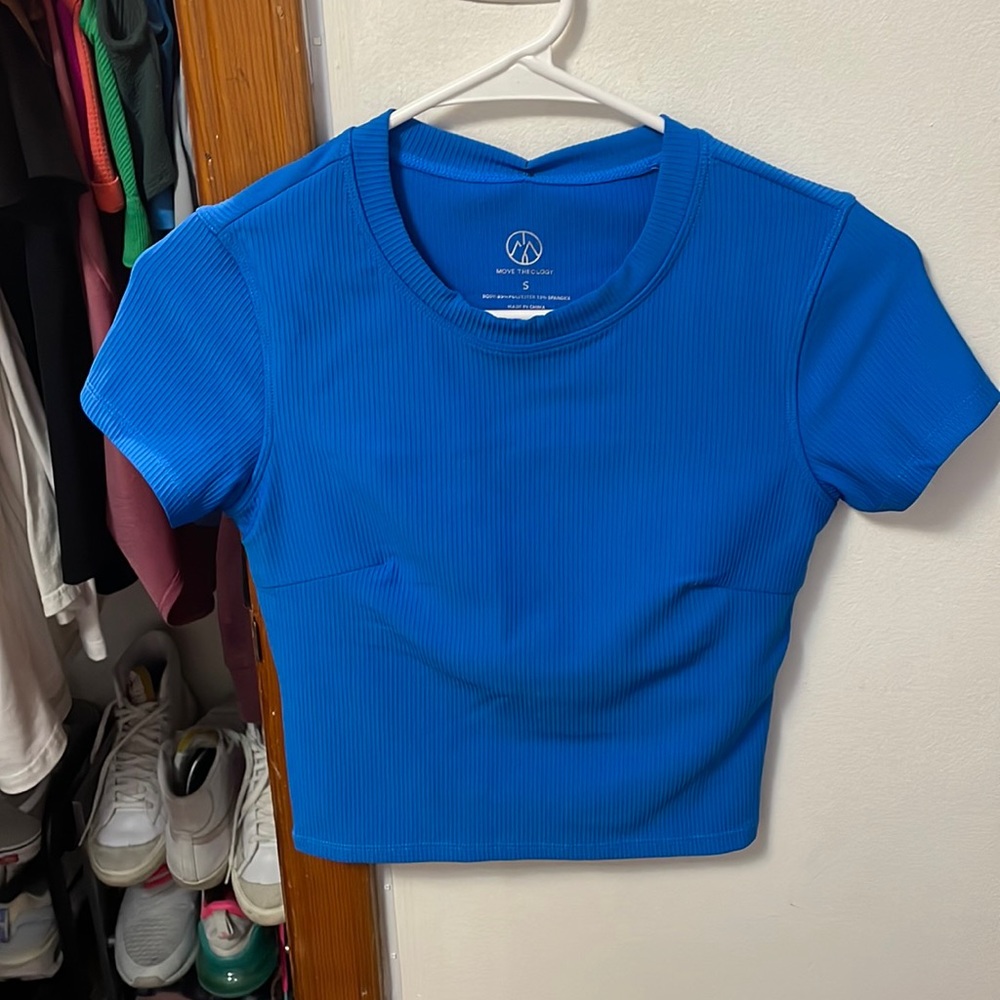 Bright blue, built in bra, cropped t shirt